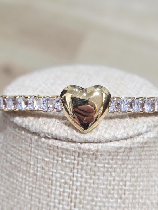 Jewelry - Gold Heart Tennis Bracelet Cuff Style with Clear Stones - Women Jewelry